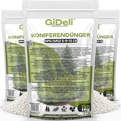 GiDeli Koniferendünger 3 x 1 kg, Thuja Dünger mit Magnesium | Koniferen Dünger für mehrere Pflanzen, gegen Nadelvergilbung, praktisch portioniert, sattes Grün im Garten
