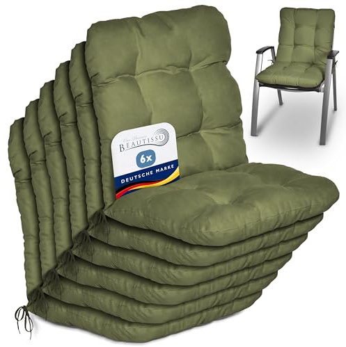 Beautissu 6er Set Niedriglehner Auflagen Set Stuhlauflage für Gartenstühle | 100x50x8cm Olivgrün Sitzkissen Niederlehner Sitzauflagen Stuhlkissen Gartenstuhlauflage Polster Flair NL