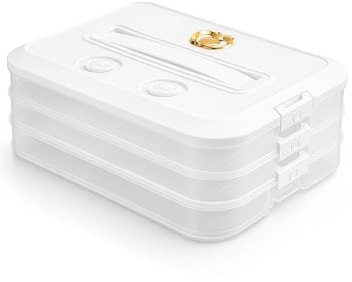 evergoods 3 Layer Food Storage Containers with Lids Stackable | Airtight Stackable Freezer Organizer with Handle for Cookies, Dumplings, Vegetables, Meat, Fish and Snacks