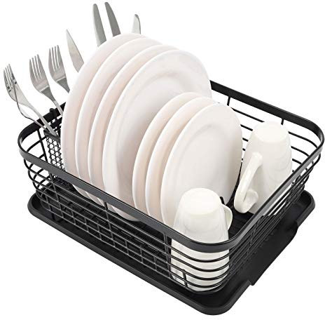 TQVAI Kitchen Dish Drainer Rack with Drainboard Set and Full-Mesh Silverware Cutlery Holder, Black