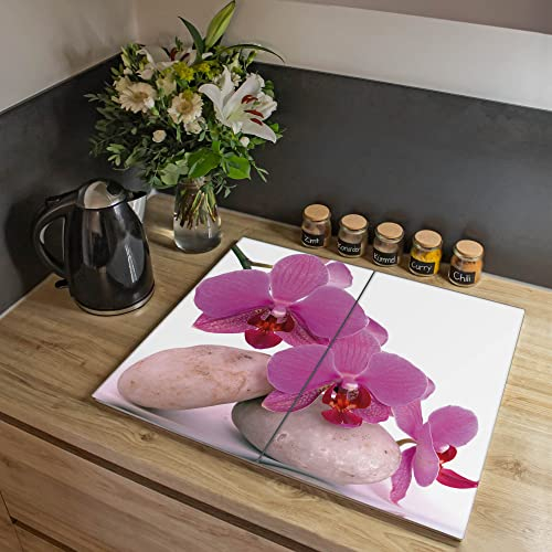 banjado® Herdabdeckplatte Glas 2-teilig 60x52 cm/Schneidebrett Herdabdeckung mit Motiv Orchidee/Herdabdeckplatten Ceranfeld 2teilig / Schneidebrett Glas individuell einsetzbar