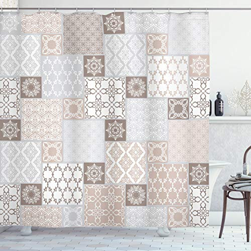 ABAKUHAUS arabisch Duschvorhang, Pastell Oriental Motif, Stoffliches Gewebe Badezimmerdekorationsset mit Haken, 175 x 180 cm, Beige Weiß Grau