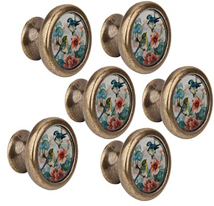 LOVIVER 6-Pack Door Knobs With Bird Flower Pattern - Kitchen Cupboard Drawer Pulls Cabinet Decorative Handicraft Knobs and Pulls