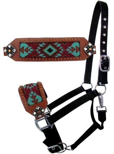 Showman Bronc Halfter mit türkisfarbenen und burgunderroten Perlen Navajo-Design