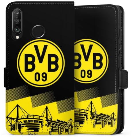 Klapphülle kompatibel mit Huawei P30 Lite Handyhülle aus Kunst Leder schwarz Flip Case BVB Borussia Dortmund Stadion