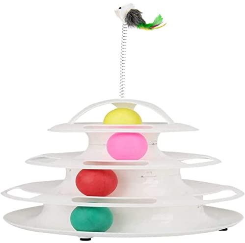 ZHOUHON Interaktives Katzenspielzeug,Katzen Spielturm Spielzeug,Katze Bälle Trackball mit 4 Bällen Katzenspielzeug/vierschichtiges Trackturm Katzenspielzeug (weiß)