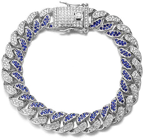 Halukakah Diamant Kubanische Kette für Männer,14MM Fuji Herren Goldkette Iced Out Miami Platin Weißgold Armband 20cm,Voll Diamanten Blau & Klar Zinken-Set,Geschenk für Ihn