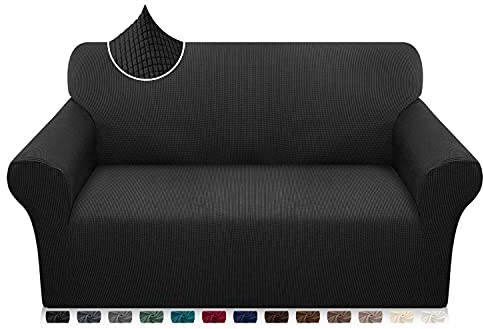 Earnmore Super Stretch Sofabezug 1 Stück Universal Couchbezug für Hunde Katze Elastische Jacquard Sofahusse mit Armlehnen(2 Sitzer,Schwarz)