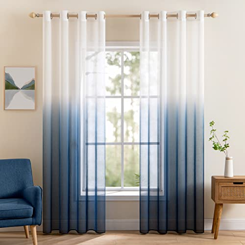 MIULEE Gardinen Transparent Vorhänge Farbverlauf Voile Sheer 2er Set Vorhang mit Ösen Dekoschal Fensterschal für Schlafzimmer und Wohnzimmer 145 cm x 140 cm(H x B) Weiß Meerblau