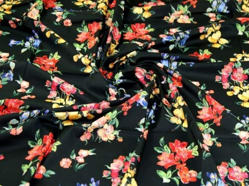 Baumwollstoff in verschiedenen Farben auf schwarzen Blumen – Meterware