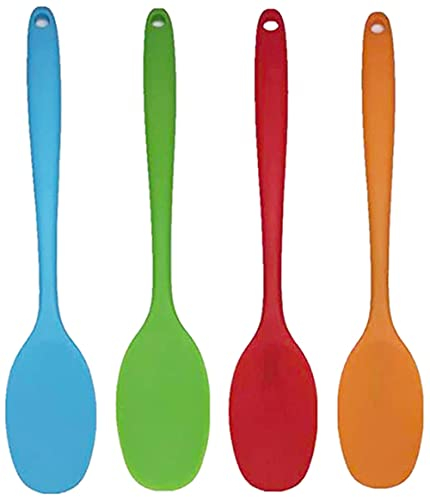 Better Jonny 4 Stück Silikon Löffel, Länge Teigschaber Spatel Kochlöffel Küchenlöffel Set mit langem Griff Hitzebeständig bis 230℃ für Kochen und Backen, 28.3 cm (Blau Rot Grün Orange)