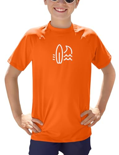 BesserBay Jungen Kinder Druck Badeshirt Bademode Schwimmshirt UV Shirt mit UV-Shutz Orange Rashguard 120