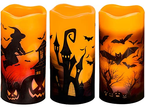 3 Stück 7,6 x 15,2 cm Flammenlose Flackernde LED-Kerzen mit 6-Stunden-Timer, Batteriebetriebene Stumpenkerzen mit Schloss, Hexe, Fledermaus-Aufkleber für Halloween-Dekoration, Heimdekoration