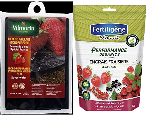 Vilmorin VB04106 Film de Paillage pour Fraises Micro Perforé Polyéthylène 50 mm 1,40 x 10 m & Fertiligene Engrais Fraisiers et Petits Fruits Performance Organics, 700gr