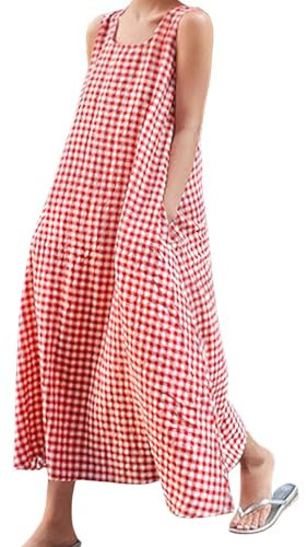 chouyatou Robe longue décontractée en coton et lin à carreaux avec poches pour femme, Rouge, L