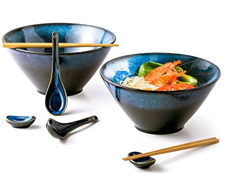 HENXFEN LEAD Juego de tazón de ramen de cerámica japonesa, 2L tazón de sopa grande juego de tazón de ramen con 2X tazón, palillos, cuchara de cerámica, reposa palillos, azul