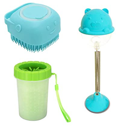Dog Paw Cleaner,Bath Brush and Feeding Toy - 3 Pack Silicone Bristles Pet Cleaning Brush Feet Cleaner, Puppy Massage Brush Hair Fur Grooming and Rocking Feeding Toys
