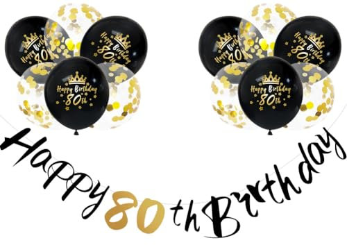 Happy 80th Birthday Banner Palloncini Donne Uomini 80° Compleanno Banner Bunting Nero Oro Include 12 Palloncini in Lattice 30,5 cm Uomini Donne Decorazioni Forniture