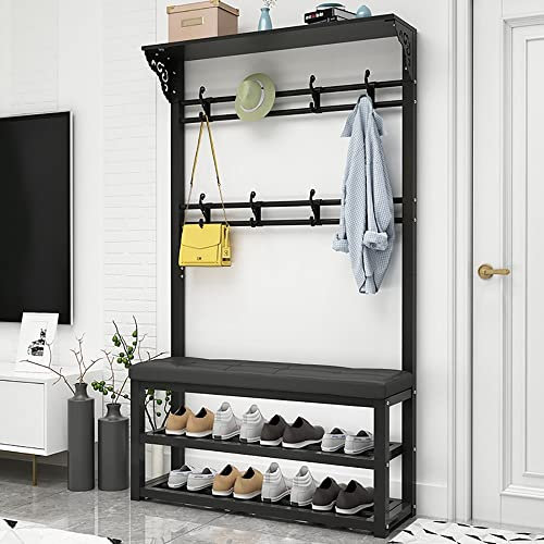Garderobenständer mit Sitzfläche,Freistehende Garderobe mit Schuhregal 3 Ablagen, Multifunktionale Kleiderständer mit 6 Haken und Sitzbank, Metallrahmen, 100x30x172cm Weiß