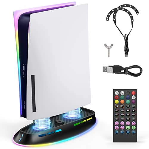 zerotop Soporte PS5 con ventilador de refrigeración y LED RGB para Playstation 5 versión disco/digital, PS5 estación de refrigeración por ventilador PS5 Soporte vertical con mando a distancia IR