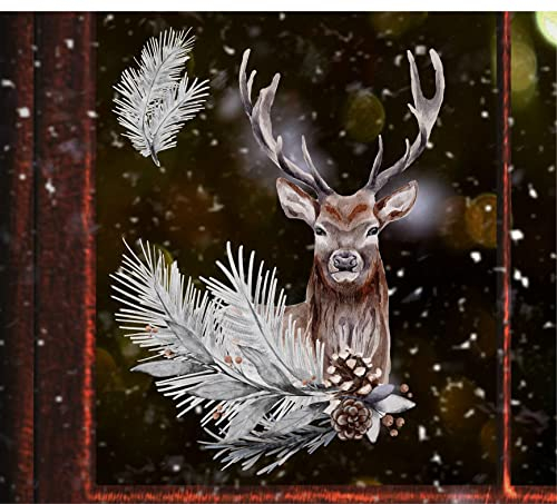 wolga-kreativ Fenster Fensterbilder Glasdekorfolie Motiv Fensterfolie FenstertattooWinter Weihnachten Advent Hirsch Aufkleber Fenster wiederverwendbar Kinderzimmer Deko