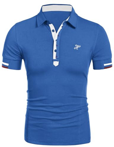 COOFANDY Cotton Polo Shirts for Men UK Short Sleeve Golf T-Shirts Slim Fit Work Polo Shirts Summer Tops Blue L