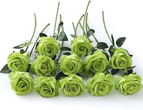 Laelfe 12 Pcs Artificial Green Roses Flowers, Long Stem Faux Silk Green Flower Fake Roses for Home Wedding Party Arrangment Hotel Garden Decoration
