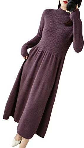 Ownwfeat Abito da donna in lana di cashmere a maniche lunghe in maglia morbida mezza dolcevita abito lungo, Viola, XL