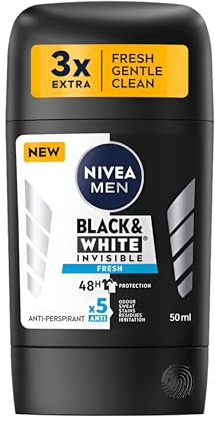 NIVEA MEN stick INVISIBLE BLACK AND WHITE FRESH 48-hour Protection Antiperspirant Soft Texture, Smooth Application Special Patented Technology, PACK OF 2, 2 X 50ML