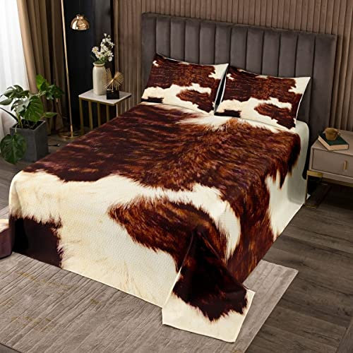 Rindsleder Tagesdecke Kuh Braun Beige Weiß Gesteppt Western Rindsleder Tagesdecke Bauernhoftierfell Zimmer Dekor für Kinder Teenager Männer Frauen,Aztekisches Kuhfell Tagesdecke Quilt-Set,240x260