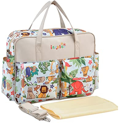 SONARIN Stilvolle Große Kapazität Baby Wickeltasche,Wasserdicht Tragbare Reise Wickeltasche Umhängetasche Tragetasche Henkeltaschen Babytasche mit Schultergurte & Wickelunterlage(Tiere)