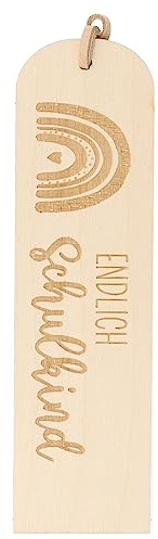 Spruchreif | Lesezeichen aus Holz mit Gravur und Lederband | Hölzernes Lesezeichen | Bücherwurm | Geschenk Einschulung | Einschulungsgeschenk | Lesezeichen mit Gravur „Endlich Schulkind“ Regenbogen