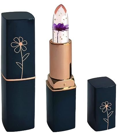 Girls Kissing Boys on The Dark Blue Tube Transparent Dried Flower Lipstick Gold Leaf Jelly Color Changing Moisturizing Lip Balm Moisturizing 6 Color Lipst Jelly Lip Gloss Color for Lip (F, One Size)