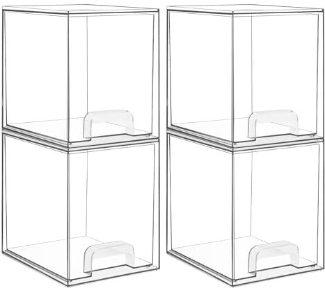 Vtopmart 4 Pack Clear Stackable Storage Drawers,7.6 H Plastic Organizers Bins for Skincare, Bathroom Supplies,Ideal for Cabinet,Under Sink,Vanity,Kitchen,Pantry Organization