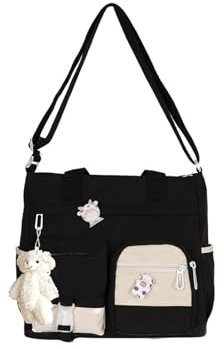 PORRASSO Mädchen Umhängetasche Niedlicher Kleiner Bär Schultertasche Nylon Schulrachnzen Damen Messenger Tasche Crossbody Bag für Schule Reisen Täglichen Gebrau Schwarz
