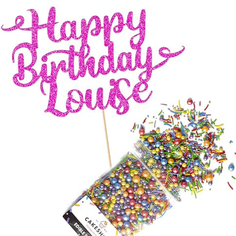 Cakeshop Cake Decoration Pack | Happy Birthday Premium Double Sided Glitter Card Cake Topper Sign & 25g Party Pack of Cake Sugar Sprinkles | Custom Name Cake Decorations (Bright Pink)