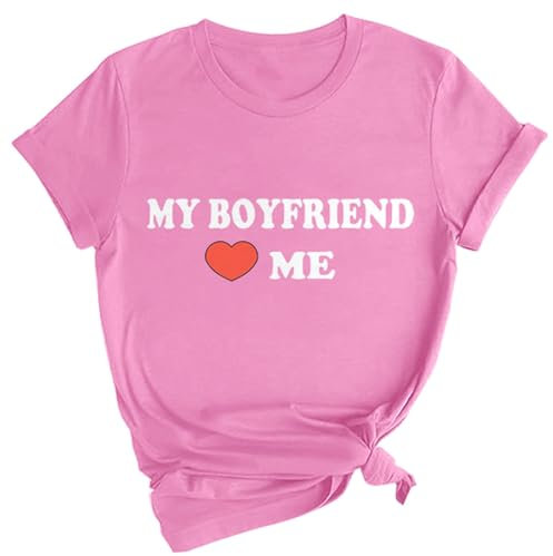 Skang Pullover Sweatshirt Damen Lässiges Damen-T-Shirt „My Boyfriend Love“, Bedruckt, kurzärmelig, lässig, lustiges Geschenk, Sommerpullover Latzhose Kurz Damen (Pink, M)