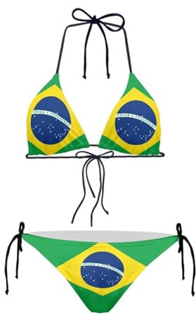 JEOCODY Women's High Waist Halter Bikini Set Two Piece Swimsuits String Triangle Bikini Sets, Brazilian Flag Printed, Large