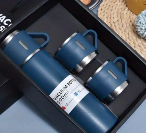 Blue 3pcs Vacuum-Insulated Flask Set, Stainless Steel Vacuum Bottle with Cup, Lightweight, Leak Proof, Shatterproof, Cooler and Insulated Water Bottle, 500Ml/16.5Oz