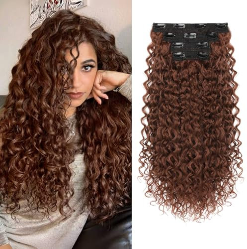 Clip in Hair Extensions, FLUFYMOOZ 4PC 100% Pure Protein Silk Hair Extensions Long Soft Natural Hairpiece 20 Inch Curly Hair Extension for Women (Copper Red)