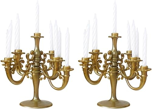 Wensmy 2 Pcs Vintage Miniature Candlestick with Candles Candelabra Cake Topper Creative Candlestick Taper Gold metal candle holder 5-arms candle stand for Wedding Birthday Festival