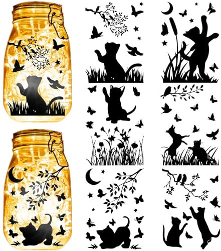 CREATCABIN 24 Sheets 6 Styles Black Cat Mason Jar Decals Butterfly Stickers Die Cuts Silhouettes Self-Adhesive PVC Waterproof for Craft Scrapbook Lantern Jars Wall Windows Glass Phones Cup 7.8x5.9Inch