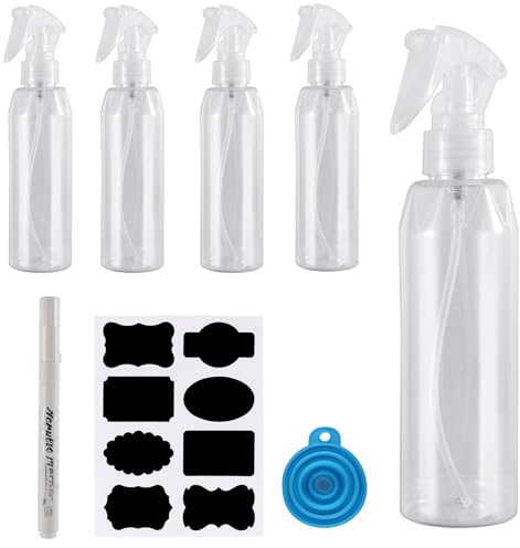 200ml Transparents Bouteille de Pulvérisation, 5 Pcs Pulvérisateur à Gâchette en Plastique pour Nettoyage, Coiffure, Plante, avec Entonnoir en Silicone Pliable, Marker Pen, Étiquette Autocollantes