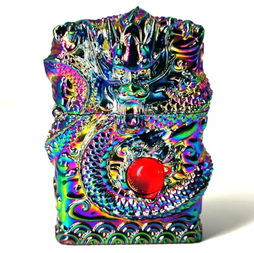 Cool Carving Dragon Vintage Feuerzeug Kerosin Rad Feuerzeug Nachfüllbare Vintage Cool Feuerzeug für Männer Kerzen Geschenk (Rainbow)