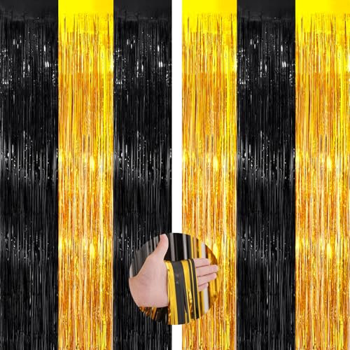 2 Stück Metallische Glitzervorhang Fringe 1m x 2m, Glitzer Tinsel Curtain, Photo Booth Props, für Partydekor Geburtstags Abschlusssaison Karneval deko (Schwarze, goldene)