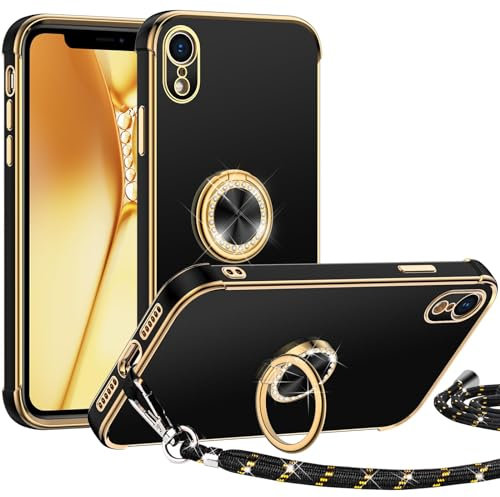 Miss Arts für iPhone XR Hülle mit Band, Ring Ständer Handykette Handyhülle Frauen Mädchen Dünn Stoßfeste Schutzhülle für iPhone XR Case Schwarz