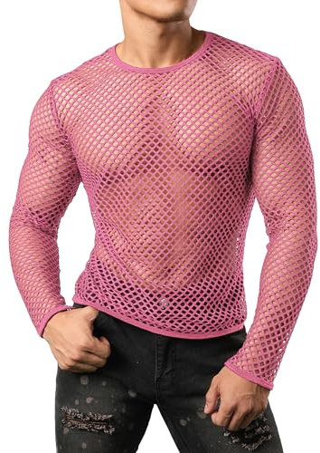 JOGAL Men's Long Sleeve Mesh Fishnet Fitted Muscle Top Pink XX-Large