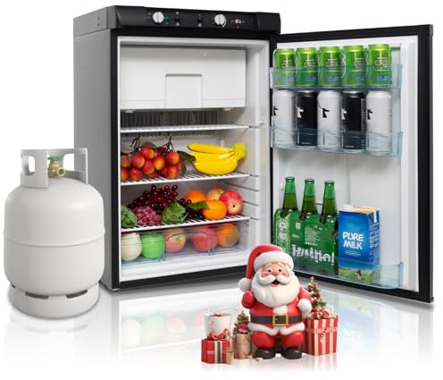 Techomey Gas Kühlschrank mit Gefrierfach, 100L, Kühlschrank 12V 230V Gas, Camping Kühlschrank Gas für Wohnmobil, Wohnwagen, Haus, Ferienwohnung, Mobilheim, Schwarz