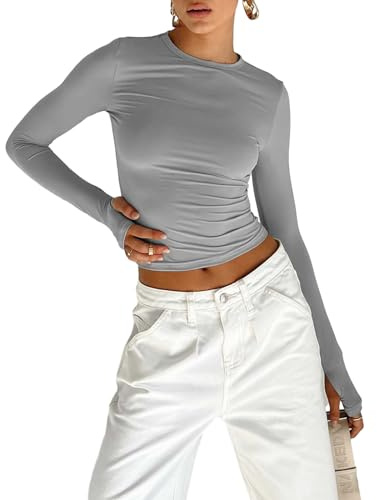 Women's Slim Fit Crop Tops Casual Solid Color Crew Neck Long Sleeve Tight T-Shirt Basic Blouse Tee Tops (X-Light Grey with Thumb Holes, L)