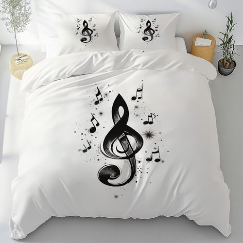 Tyafsgvqo Notenmuster Bettwäsche 135x200 3 Teilig, Schwarz Weiß Musiknoten Bettbezug Mikrofaser Wendebettwäsche mit Reißverschluss, Musik Thema Bettwäsche Set mit 2 Kissenbezug 80x80 cm